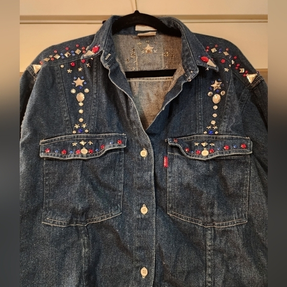 Vintage Levis Cropped Jean Jacket Rhinestones Studded - Picture 2 of 15